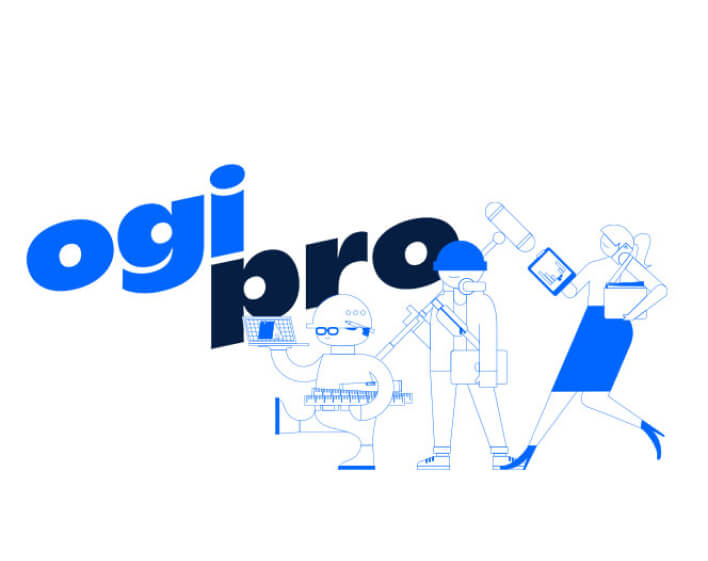 Ogi Pro logo with three Ogi Pro characters next to it