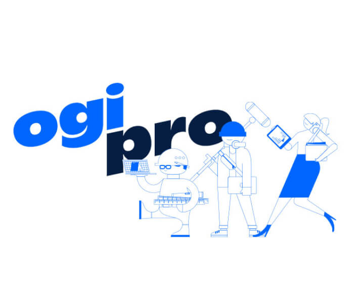 Ogi Pro business broadband logo with three Ogi Pro characters next to it.