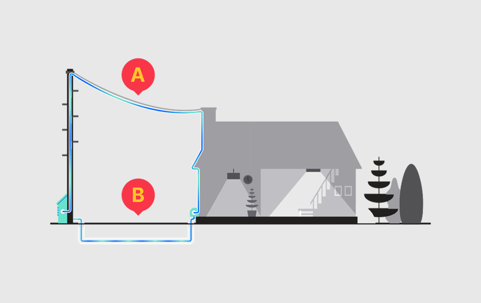 A house illustrated showing two routes for full fibre connection. Route A is through overhead wires. Route B is underground.