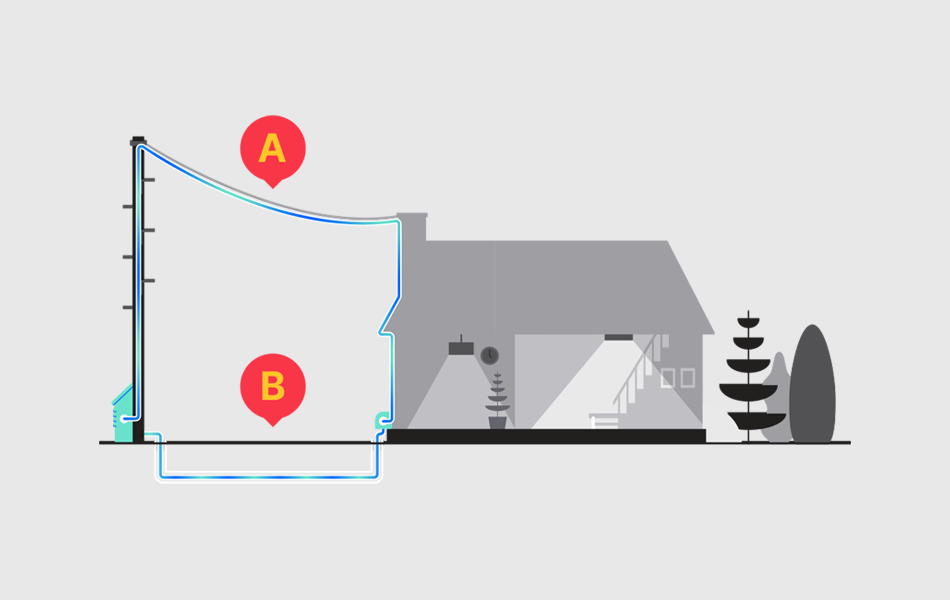 A house illustrated showing the fibre internet installation process. Route A is through overhead wires. Route B is underground.