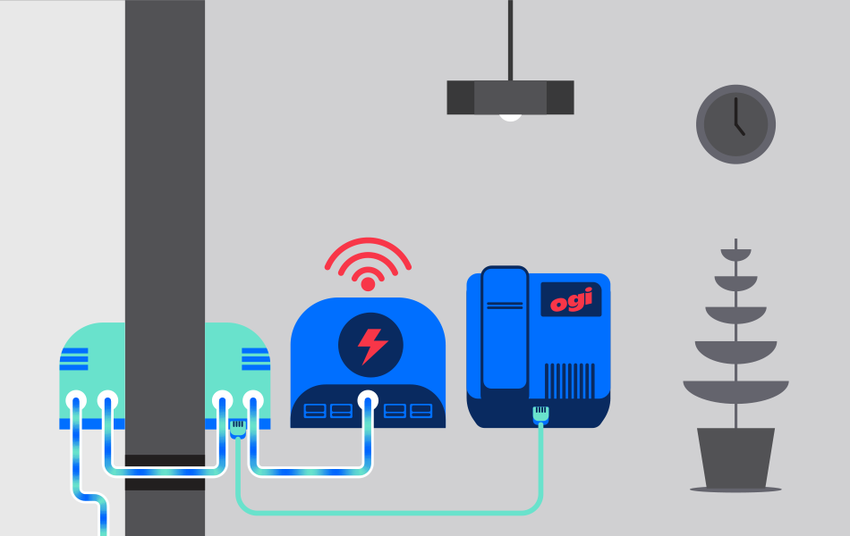 An illustration showing the stages of a full fibre network, from the outdoor router to the handset.
