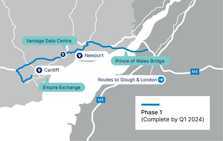 A map showing where Ogi provide wholesale Fibre Broadband in South East Wales including Cardiff and Newport.