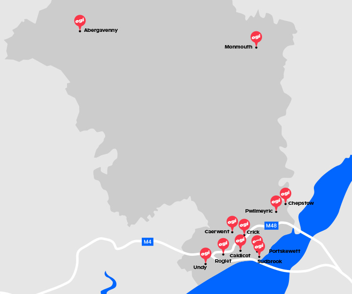 Illustrated map showing towns and villages in Monmmouthsnire