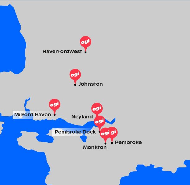 Illustrated map showing towns and villages in Pembrokeshire