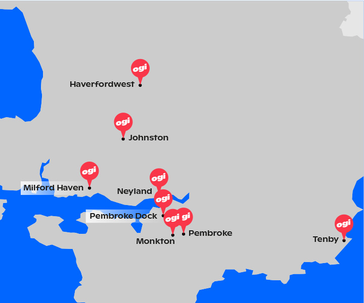 Illustrated map showing towns and villages in Pembrokeshire