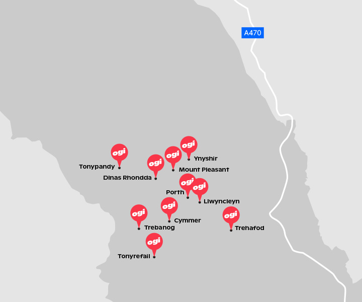 Illustrated map showing towns and villages in Rhondda Cynon Taf