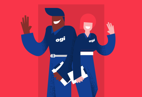 Two Ogi staff illustrated smiling and waving. Wearing navy uniforms and holding clipboards.