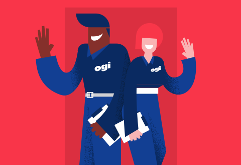 Two Ogi staff illustrated smiling and waving. Wearing navy uniforms and holding clipboards.)