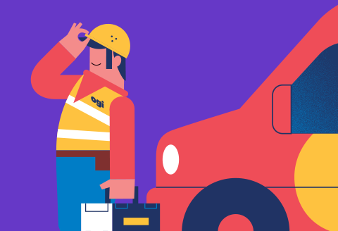 An engineer illustrated standing in front of a van holding their tool box. Doffing a hat, gesturing to say hello (or shwmae!))