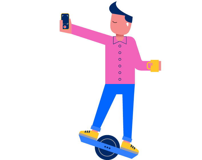 Ogi character illustration. A man appears on a hoverboard holding a mug of coffee and taking a selfie.