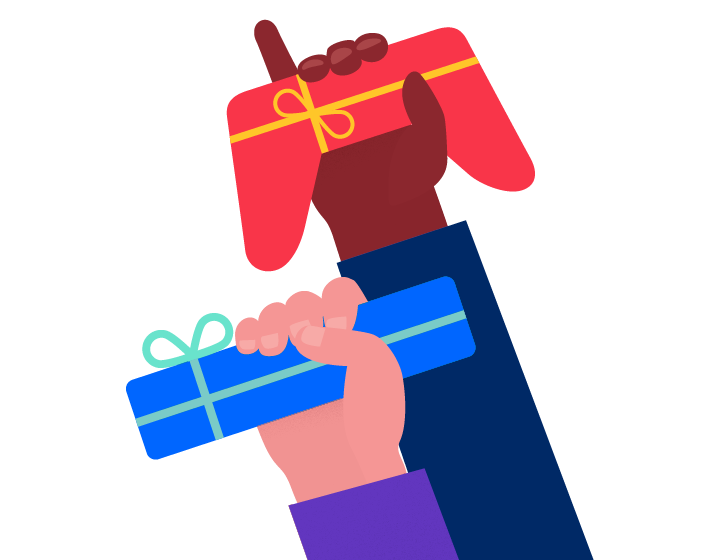 Two illustrated hands holding presents. One in the shape of a console controller and the other a long rectangle representing a smart remote control.