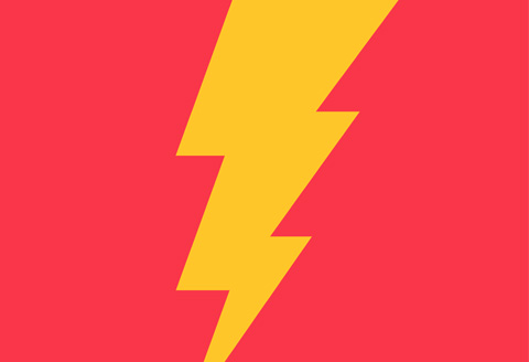 Yellow illustrated lightning bolt on a bright red background.)