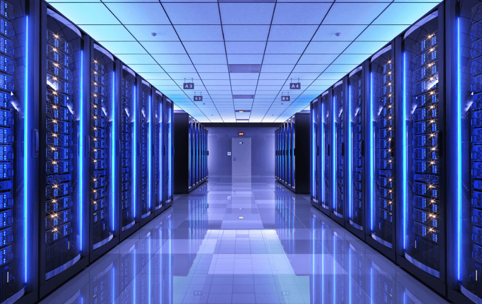 a corridor with lots of data towers on the side