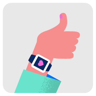 A thumbs up hand wearing a smart watch with a heart on the watch face.