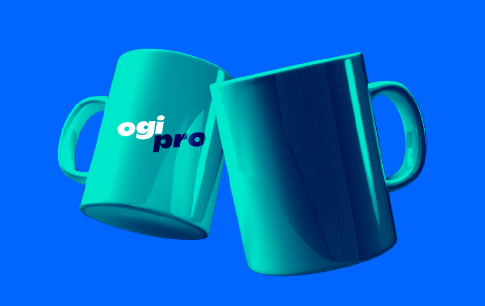 two mugs clinking together. One with an ogi pro logo on them. A blue background