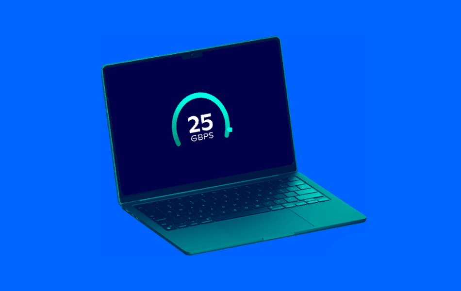 Laptop that shows 25Gbps on it. A plain blue background.