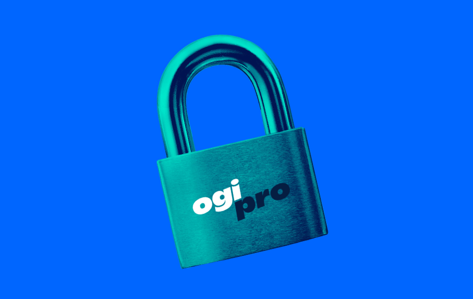 a padlock with an ogi pro logo on the base. A blue background.