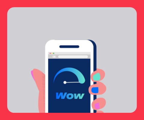 Illustrated hand holding a smartphone. A speed test on screen points to the maximum with the words 