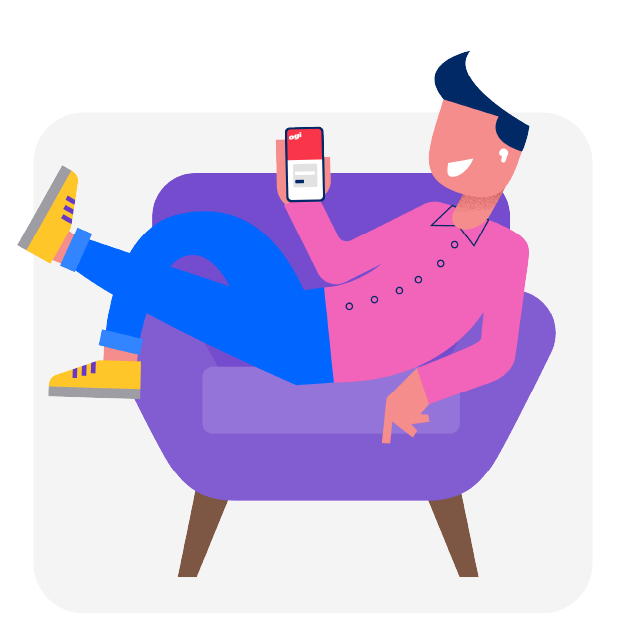 Person relaxing in an armchair and logging in to their Ogi My Account on their phone