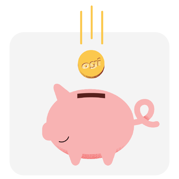 An Ogi coin dropping into a piggy bank