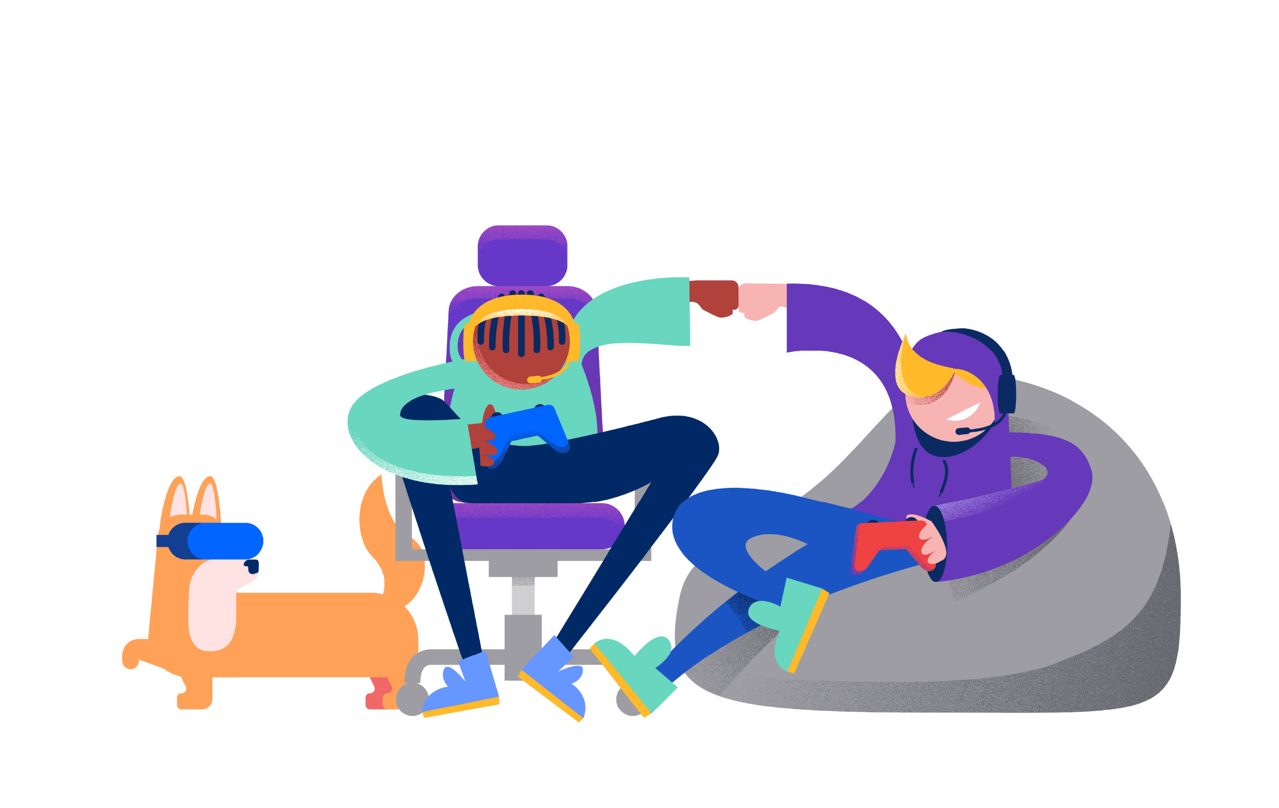 Two friends wearing gaming headsets give each other a fist bump during a gaming session. One sits in a computer chair and the other on a beanbag, with a dog wearing a VR headset beside them.